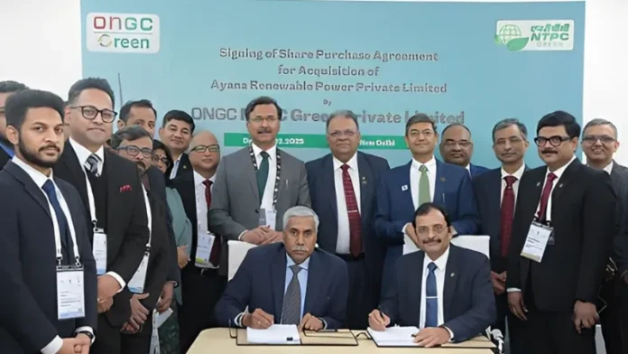 ONGC NTPC Green Private Limited (ONGPL), a 50:50 joint venture between ONGC Green Limited (OGL) and NTPC Green Energy Limited (NGEL), has signed a Share Purchase Agreement (SPA) on 12 February 2025 to acquire a 100% equity stake in Ayana Renewable Power Private Limited (Ayana). The agreement was signed with National Investment and Infrastructure Fund (NIIF), British International Investment Plc (BII) and its subsidiaries, and Eversource Capital. The transaction is valued at INR 195 billion (USD 2.3 billion).