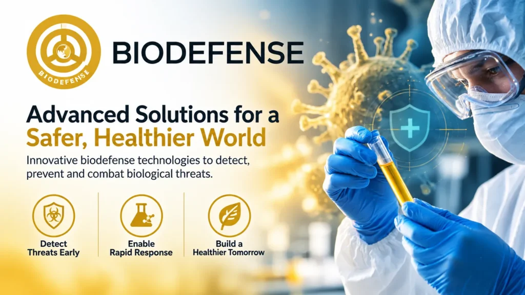 BioDefense logo with a scientist examining a test tube in a laboratory.
