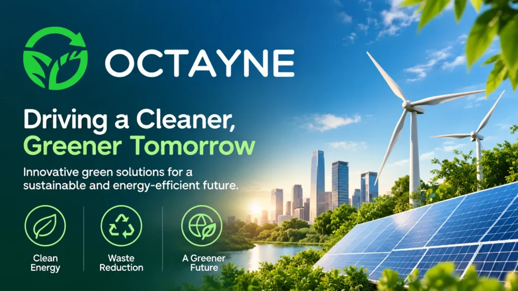 Octayne Green logo with wind turbines, solar panels, and a sustainable cityscape.