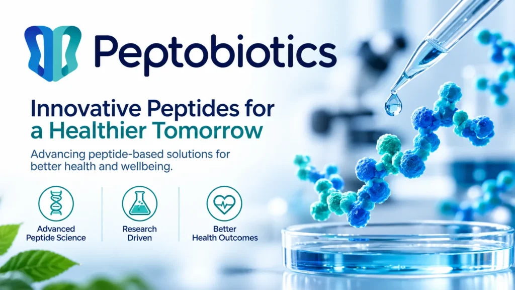 Peptobiotics biotech with peptide molecule and laboratory pipette.