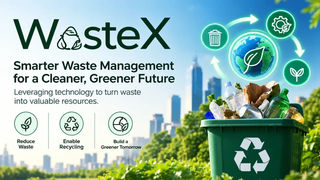 WasteX a recycling bin, green cityscape, and circular sustainability icons.