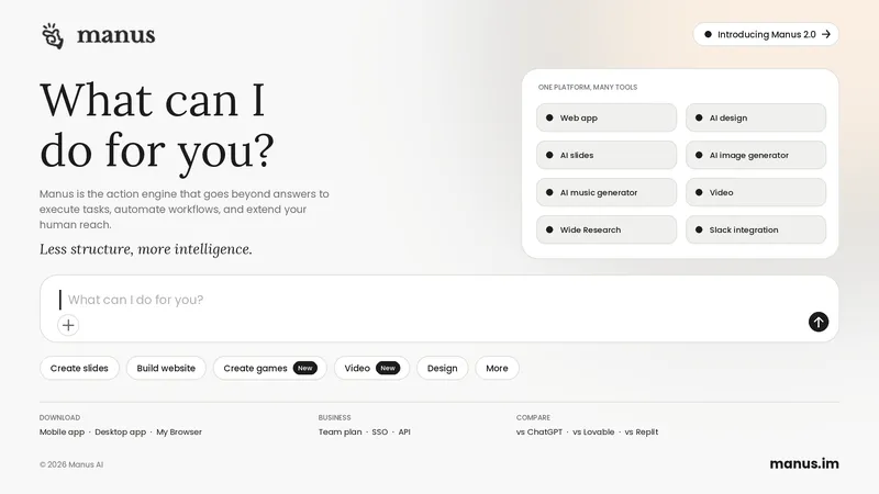 Manus banner: “What can I do for you?” with a chat prompt box, task chips and a card of tools like AI slides and Wide Research.