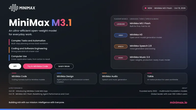 MiniMax banner: “MiniMax M3.1” with its key features and flagship models.
