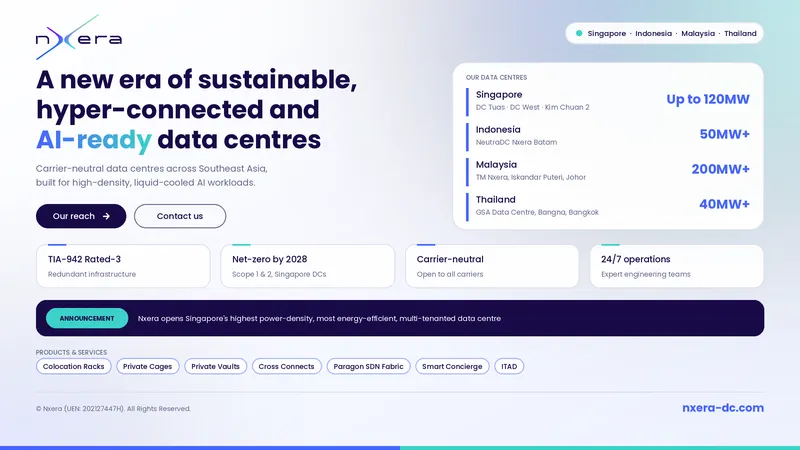 Nxera banner: “A new era of sustainable, hyper-connected and AI-ready data centres”, with capacity by country across Southeast Asia and its key products.
