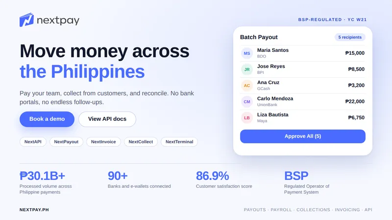 NextPay logo with the headline “Move money across the Philippines,” a batch payout card, and stats including ₱30.1B+ processed volume.