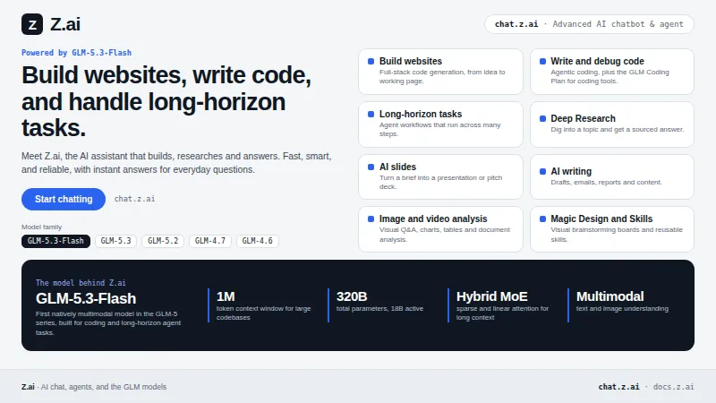 Z.ai banner: AI chatbot and agent powered by GLM-5.3-Flash, at chat.z.ai.